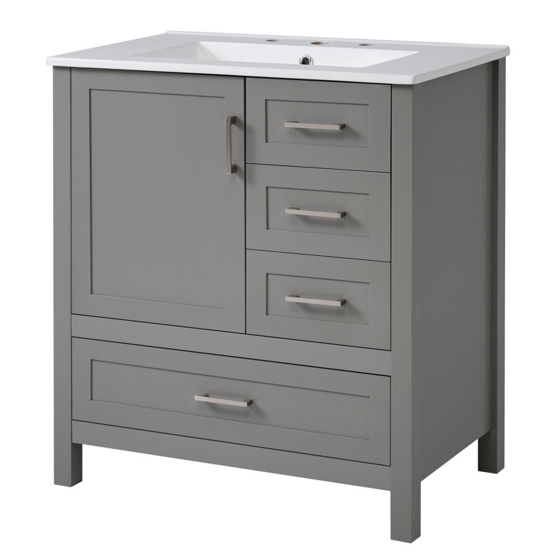 Ensemble de meuble-lavabo 30 po avec lavabo, armoire de rangement avec porte à fermeture en douceur, 3 tiroirs à fermeture en douceur et plateau amovible, cadre en bois massif