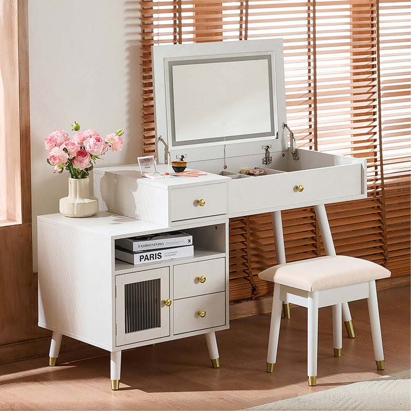 Bureau de coiffeuse 3 en 1 avec miroir basculant éclairé et armoire réglable, coiffeuse à maquillage avec tabouret, commode avec tiroirs pour la chambre à coucher
