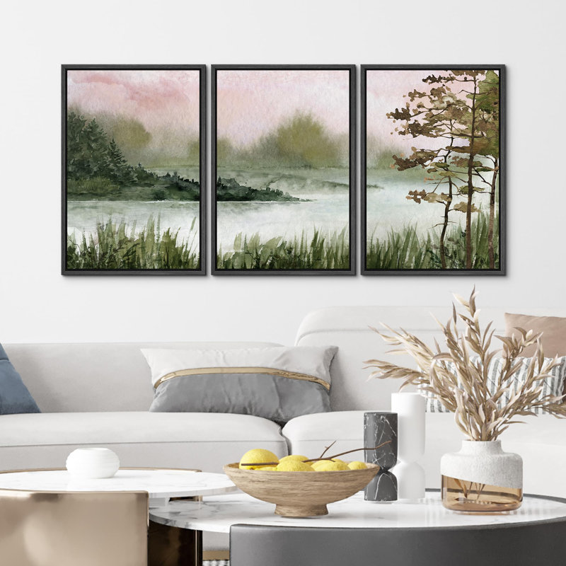 "Tranquil Lake Serene Misty Forest Landscape Nature Wilderness Illustration Modern Decor" 3 pièces, Noir, H 24 po x l 16 po