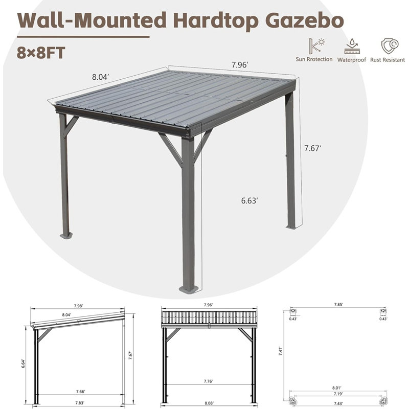 Abri de jardin 8 pi x 8 pi avec système de drainage amélioré, toit de pavillon en acier galvanisé à toit rigide mural pour terrasse de patio (gris)