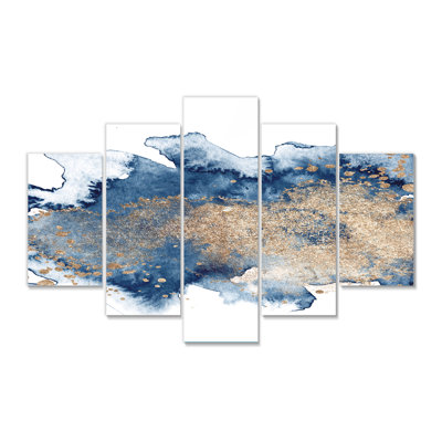 «Blue and Gold Marble Clouds II», peinture sur toile tendue 5 pièces