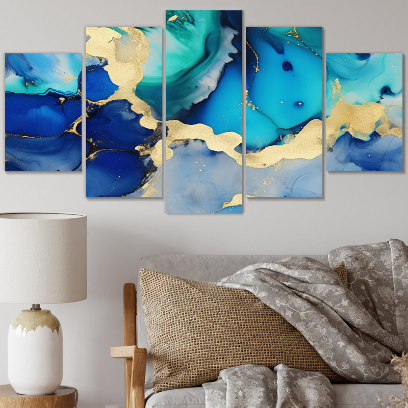 «Blue and Gold Luxury Abstract Fluid Art VII», reproduction sur toile - 5 panneaux