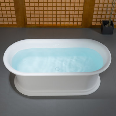 Baignoire îlot en résine de pierre de 170 cm (67 po), baignoire ovale souple à surface solide avec élégant socle sur pied, trop-plein et bonde intégrés, blanc mat