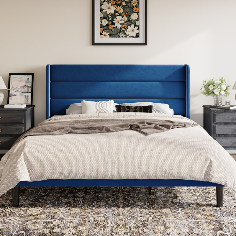 Lit plateforme tapissier Modern, Très grand, Bleu