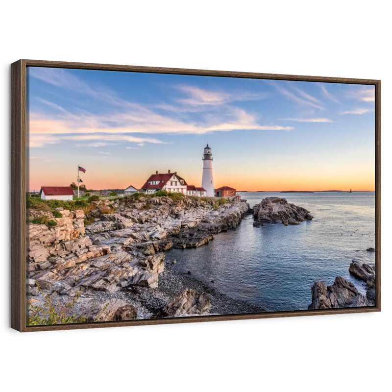 Coucher de soleil sur le phare de Portland Head, Cadre flottant noyer, 31 po x 21 po