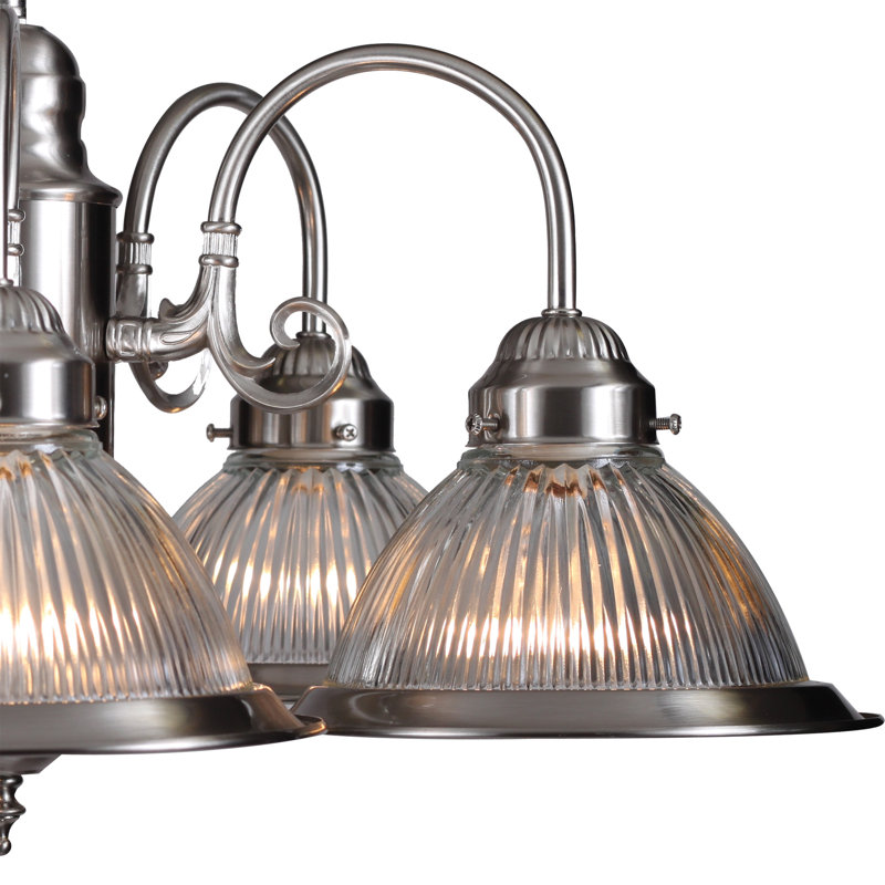 Lustre d'intérieur / classique en nickel brossé 5 lumières avec abat-jour en verre côtelé transparent Attar, Nickel brossé