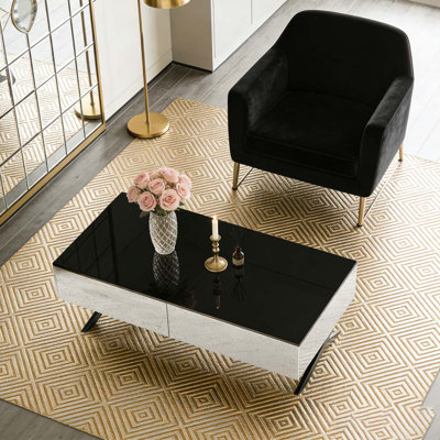 Table basse rectangulaire à miroir avec rangement et base en métal, 2 tiroirs, plateau noir ultrabrillant