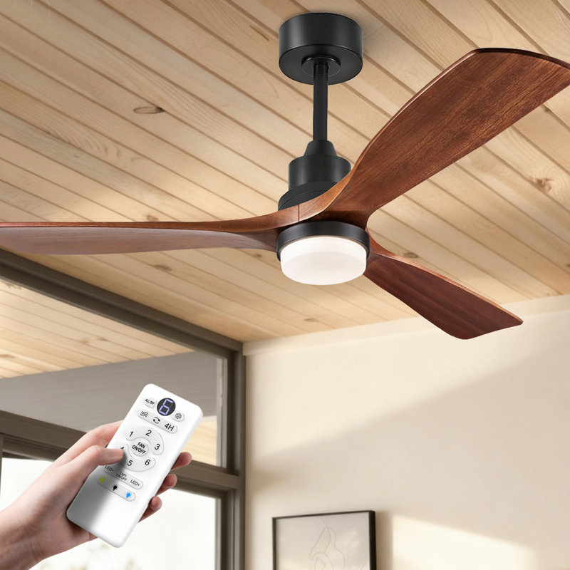 Ventilateur de plafond intelligent 52 po avec lumière, 3 pales en bois, télécommande à 6 vitesses et commande vocale APP, 3CCT, à intensité variable, moteur réversible BLDC