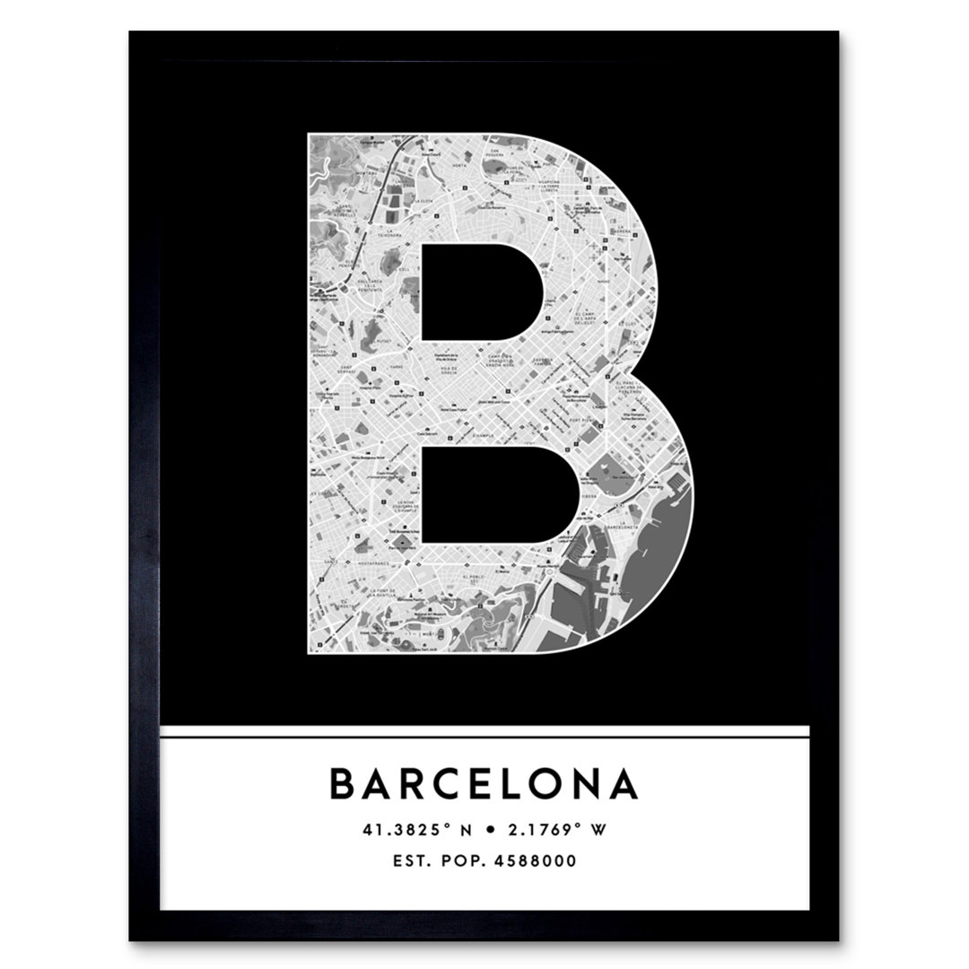 Barcelona City Map Barcelona Black & White by Wee Blue Coo - Single Picture Frame Typography