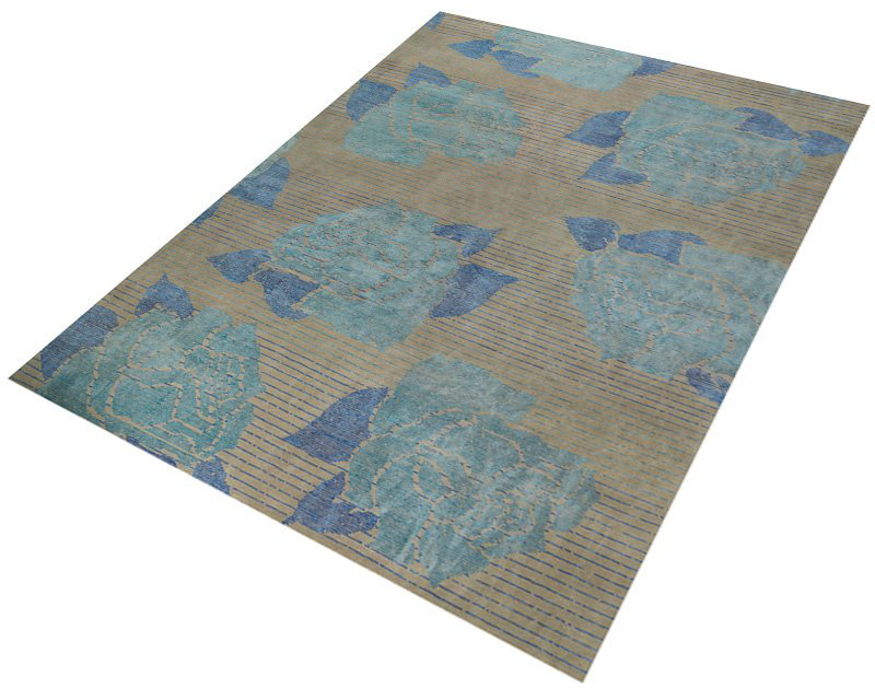 Lux Rose Floral Area Rug in Blue/Taupe, Rectangle 2' x 3'