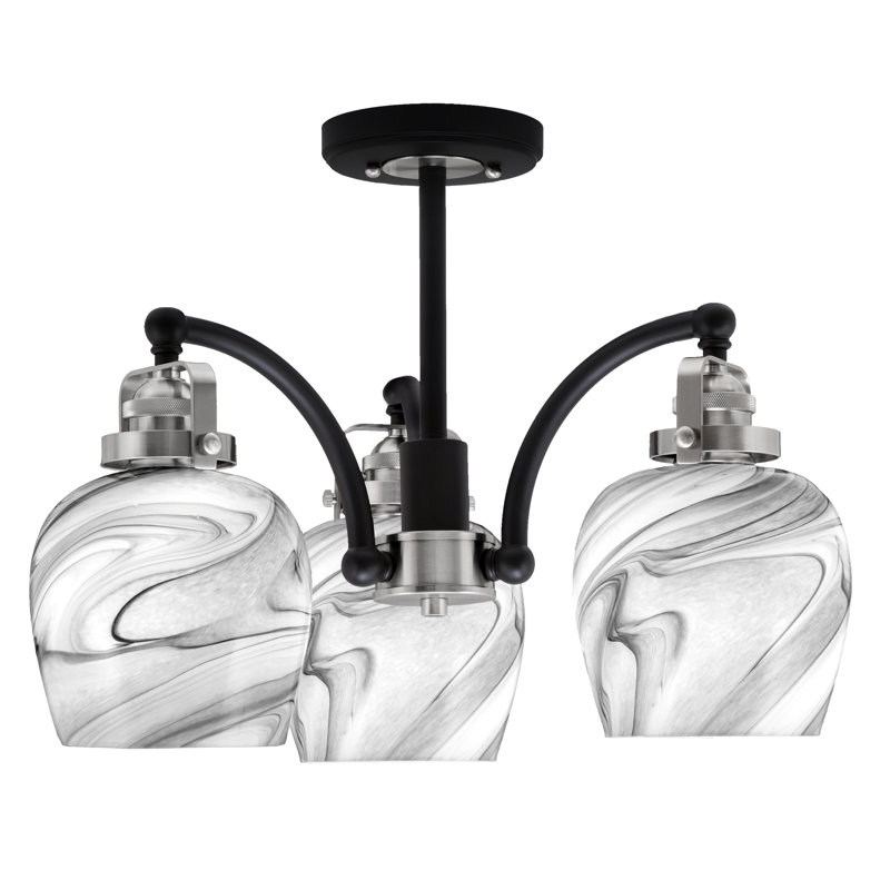 Plafonnier semi-encastré 3 lumières Easton, Noir mat/nickel brossé, Verre torsadé onyx