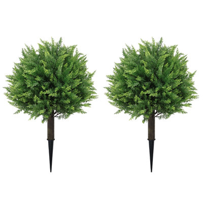 24" Artificial Cedar Topiary Ball Trees With Ground Spikes Faux  Shrubs Tree For Home Outdoor Decor.