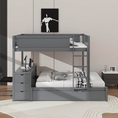 Full Over Full Bunk Bed With Twin Size Trundle, Under-Bed Desk And Storage Drawers, No Box Spring Needed