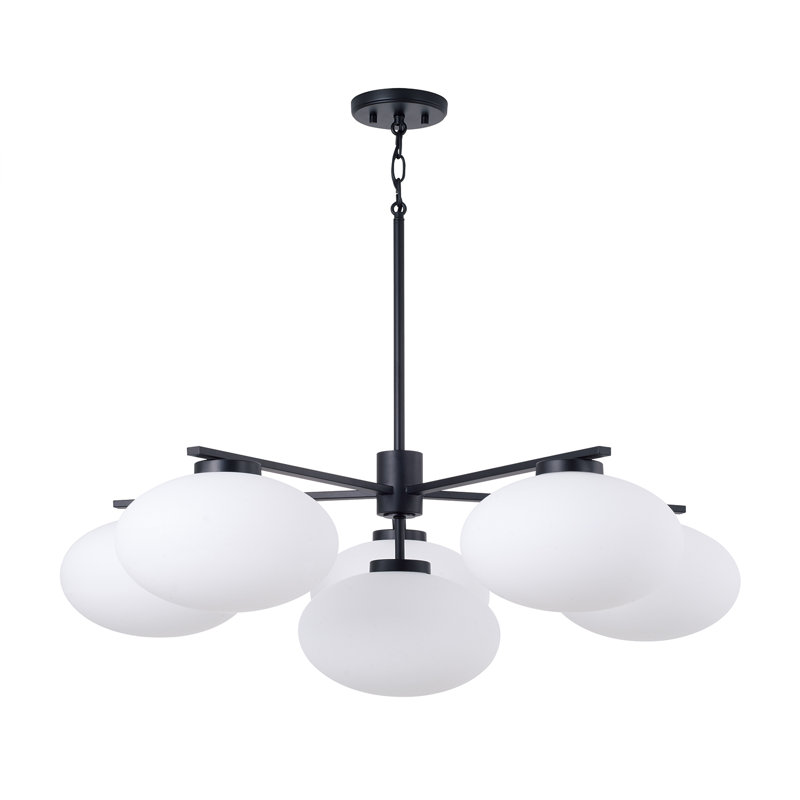 37" W x 12.25" H 6-Light Chandelier in Matte Black with Soft White Glass Oval Globes, Matte Black, 6, 37"W x 12.5"H