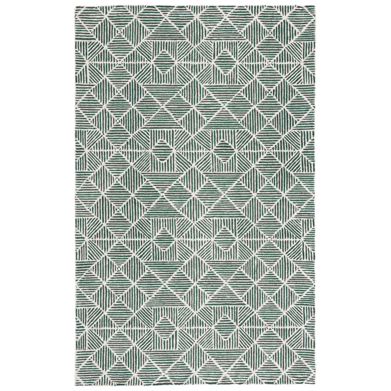 Demetrius Geometric Handmade Tufted Dark Green/Ivory Area Rug, Rectangle 2' x 3'