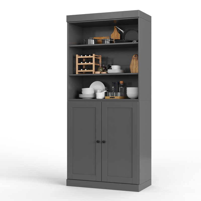 Armoire de cuisine 100% en bois massif, grand rangement modulaire autoportant avec tablettes ouvertes et portes Shaker, tablettes réglables, l 32 po x H 71,5 po
