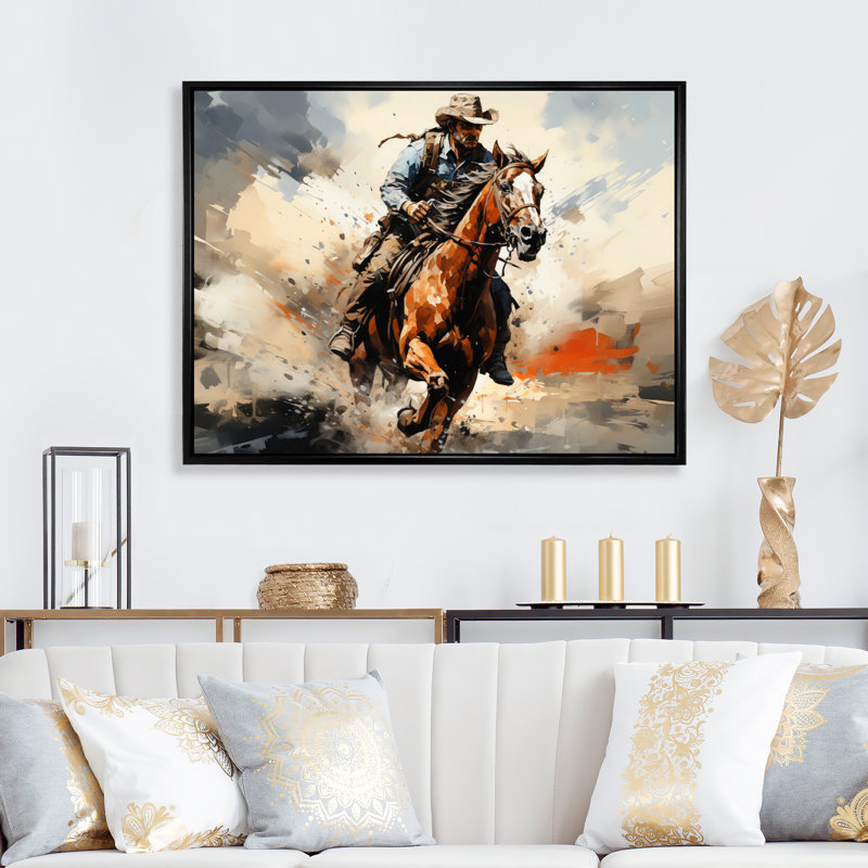 Keani Cowboy Bronco Buste sur toile, H 34 po x l 44 po x P 1,5 po, Cadre flottant noir