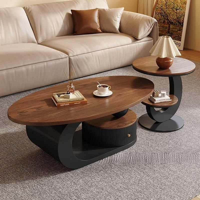 Ensemble de tables basses rondes brunes en bois manufacturé et en fer, 21.65" H x 62.99" W x 27.56" D, Brun et noir