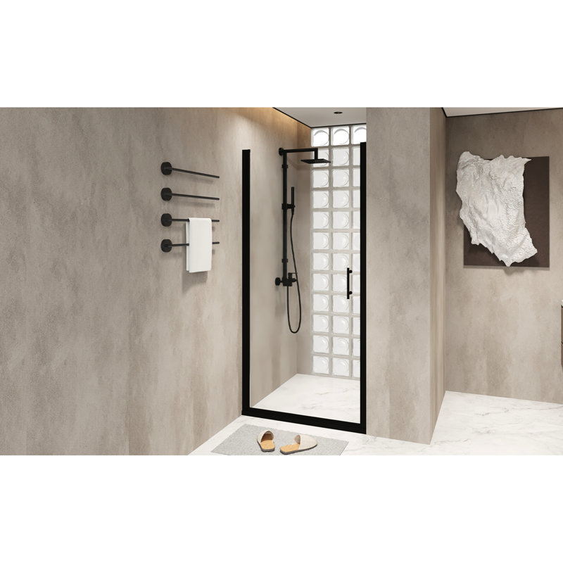 Porte de douche pivotante de 34 po x 72 po avec cadre en aluminium noir mat, film résistant et poignée en acier inoxydable facile à utiliser