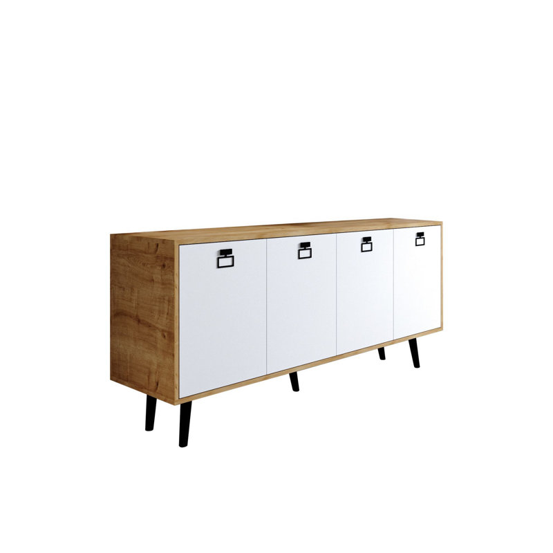 Buffet 71 po de largeur Mid-Century moderne avec pieds en bois, Blanc / chêne saphir