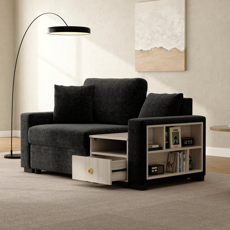 Canapé modulaire moderne de 63,2 po avec accoudoirs et console centrale pour le salon, Chenille noir