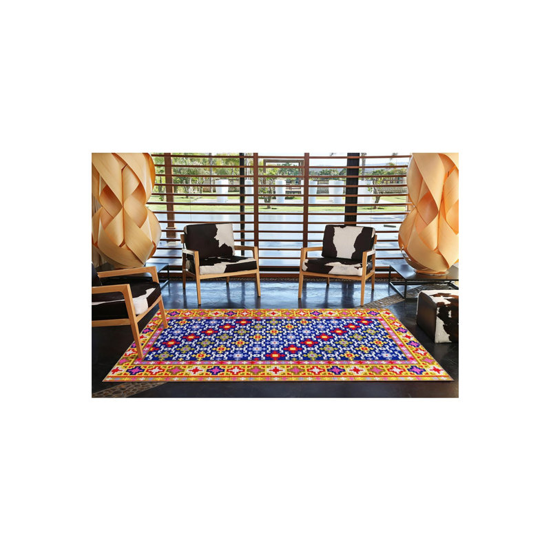 Tapis jaune lavable à motif d'étoile tissé, Sous-tapis carré 3 pi 3 po inclus
