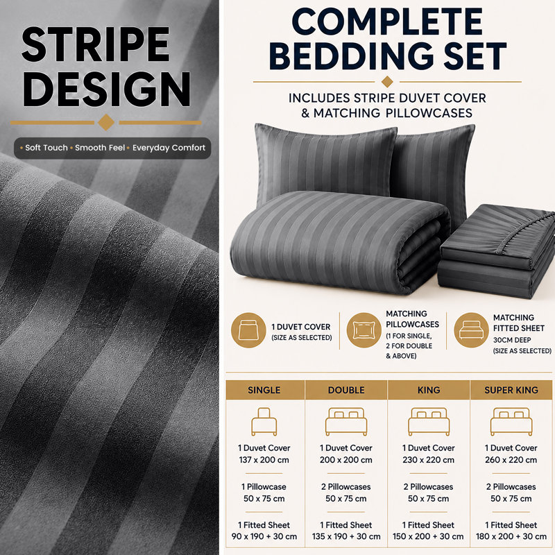 Stripe Duvet Cover Complete Bedding Set - Microfiber Duvet, Fitted Sheet & Pillowcases, Grey Striped