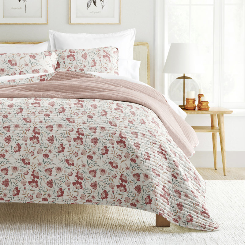 Quilt Set- Lightweight - All Season Quilted Coverlet - French Jacobean, Twin/TwinXL Quilt + 1 Standard Sham, Rose