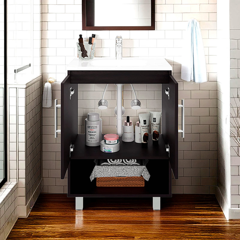 Meuble-lavabo autoportant en résine Conrad avec armoire à une porte et tablette ouverte