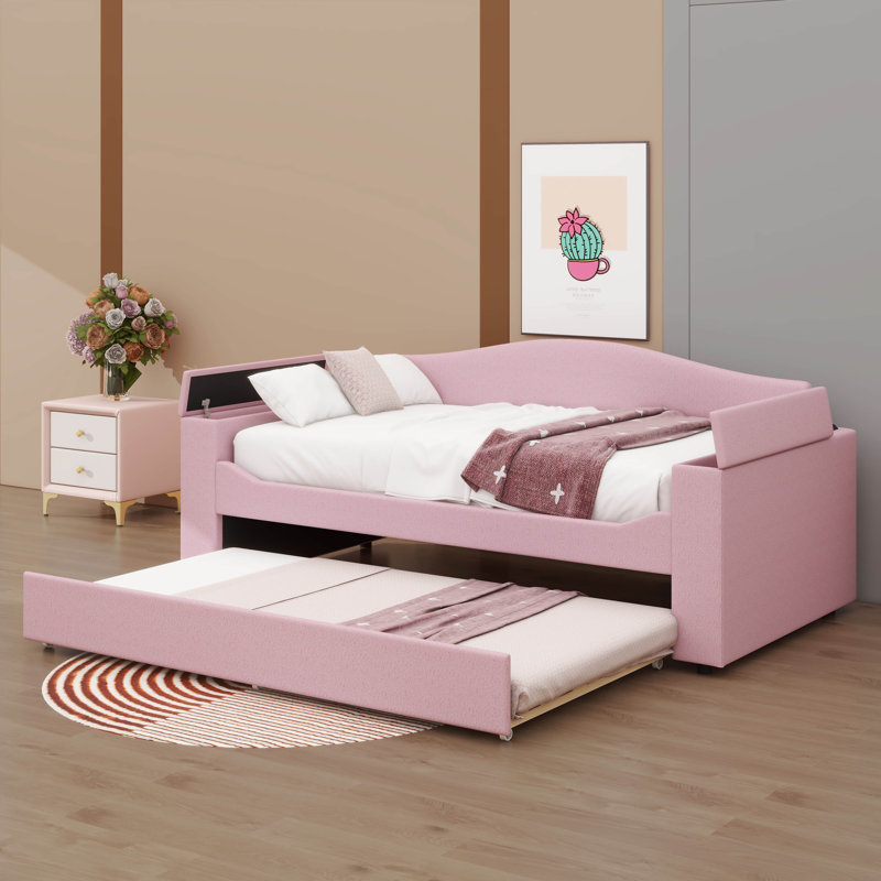 Lit de jour rembourré avec accoudoirs de rangement gigogne et audio Bluetooth avancé, Rose