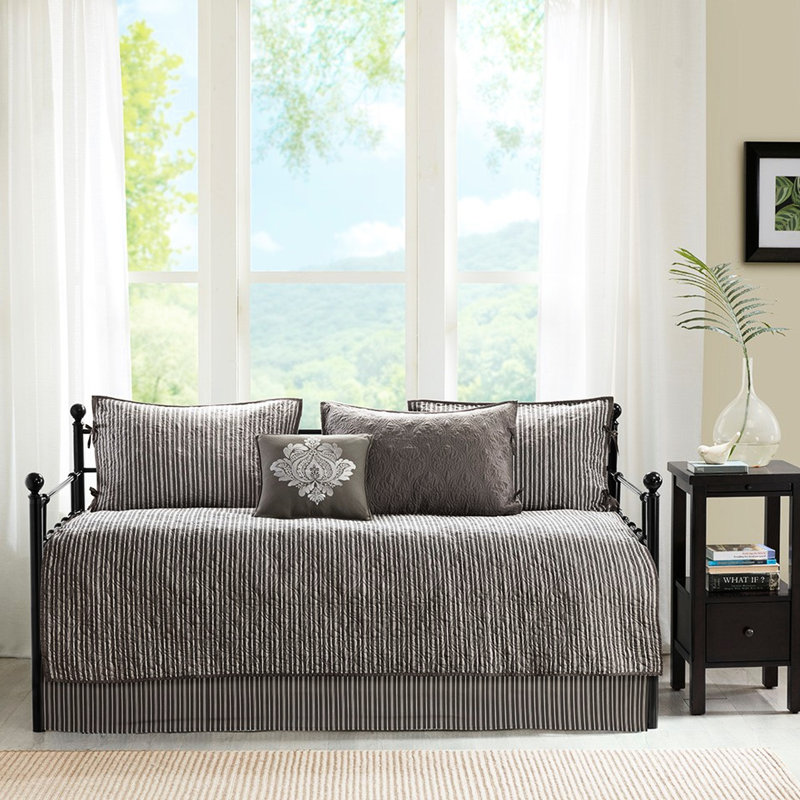 Housse de lit de jour réversible - gris foncé, 6 pièces, rembourrage en coton, pour matelas simple, livrée avec housse, taies décoratives, coussin décoratif 6 rembourrés, lit de taille, inclus
