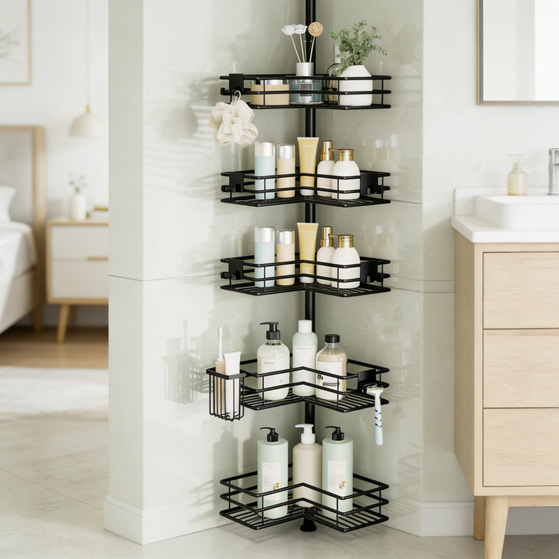 Adjustable Corner Shower Caddy Organizer With 4-Tier Shelves, Soap And Toothbrush Holder, Rustproof Stainless Steel Tension Pole For Bathroom Storage