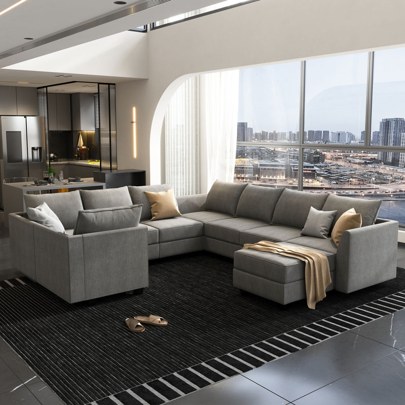 Modular U-Shaped Sectional with Storage , Gray Polyester