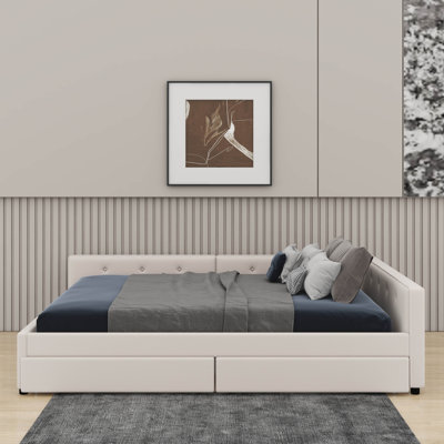 Grand lit plateforme tapissier avec port USB et 2 tiroirs
