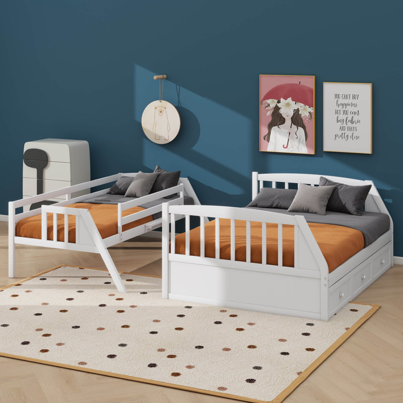 Lit superposé simple au dessus d'un lit double contemporain en bois avec escalier de rangement et échelle à 3 tiroirs, Blanc