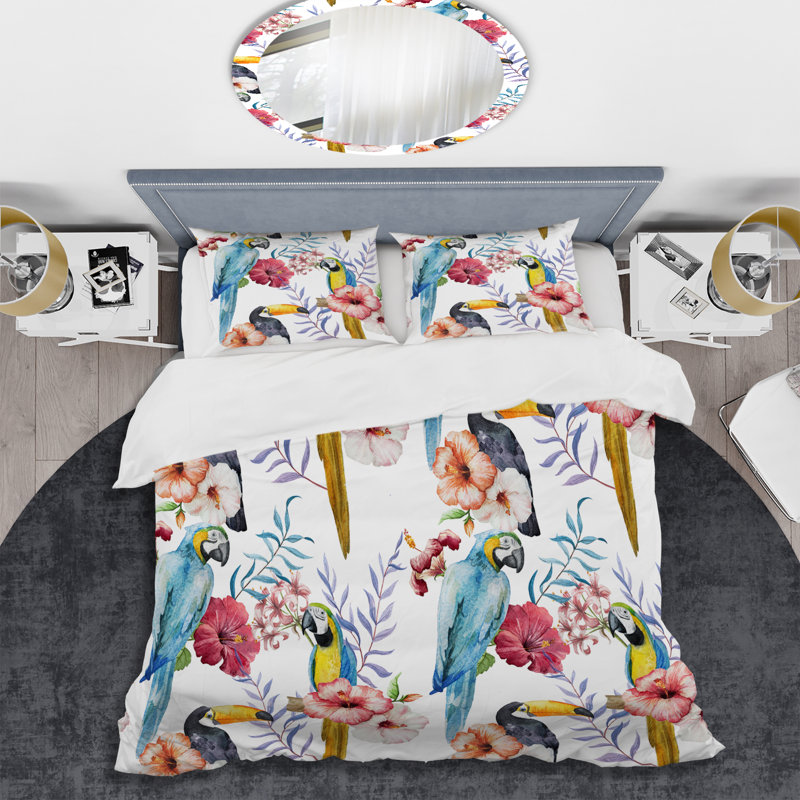 Ensemble de housse de couette designart perroquets, hibiscus et toucan, Housse de couette simple et 2 taies décoratives