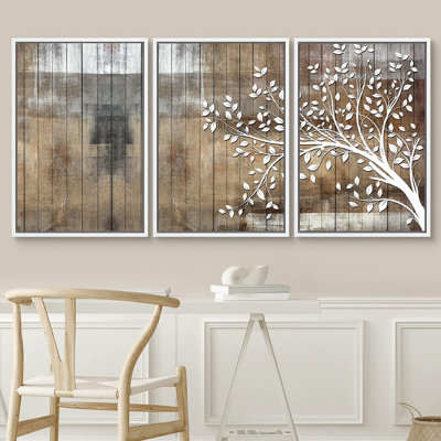 " Large White Tree Branch With Leaves On Wood Effect Background Wall Art " 3 - Pieces