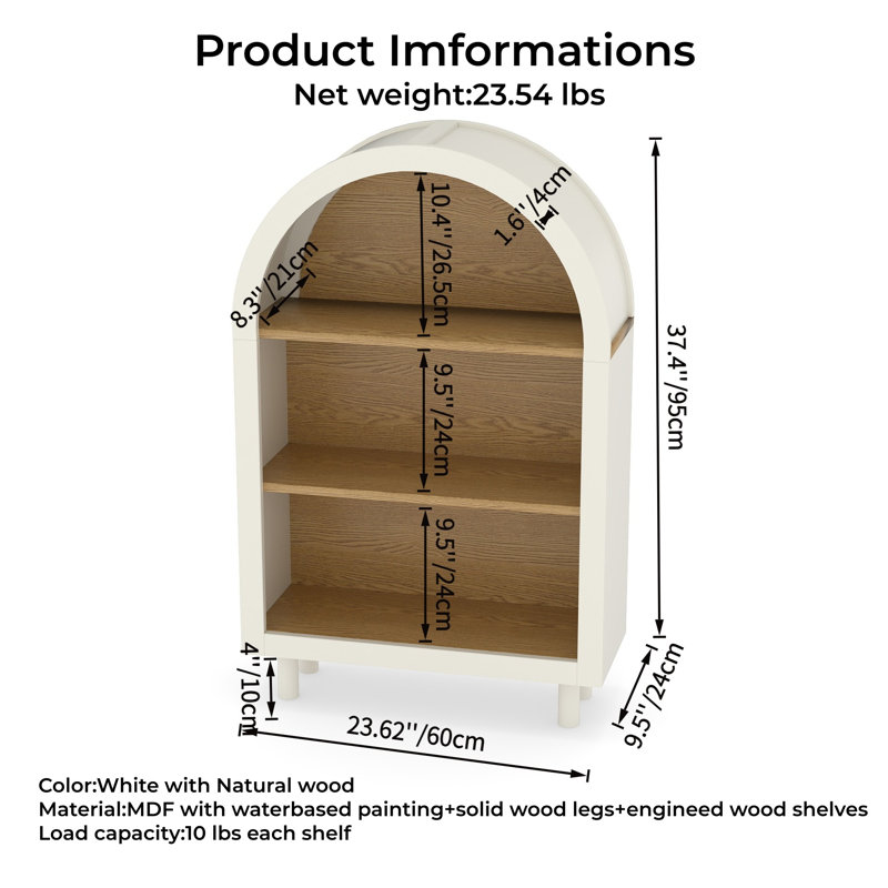 Bibliothèque en bois arquée à 3 niveaux avec cadre blanc et tablettes en grain de bois