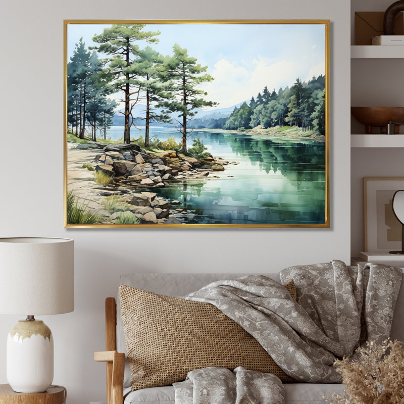 Pine Tree Reflections II - Reproduction d'art mural pin, H 34 po x l 44 po x P 1,5 po, Cadre flottant doré