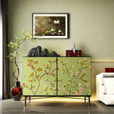 Flowers And Birds Painted Solid Wood Accent Cabine