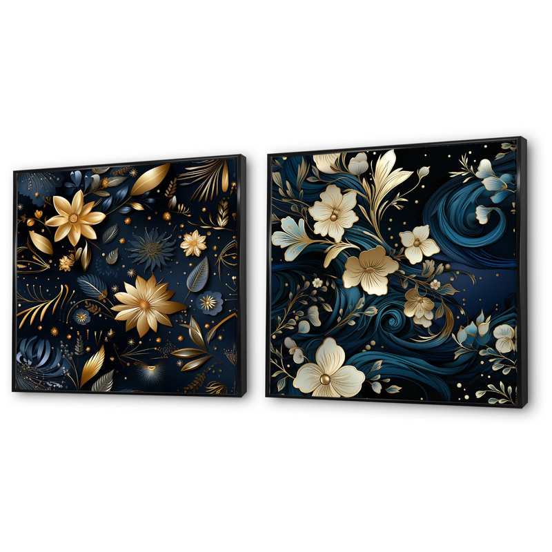 Marchienne - Ensemble de 2 reproductions de toiles abstraites botaniques, Cadre noir, H 36 po x l 73 po x P 1,5 po