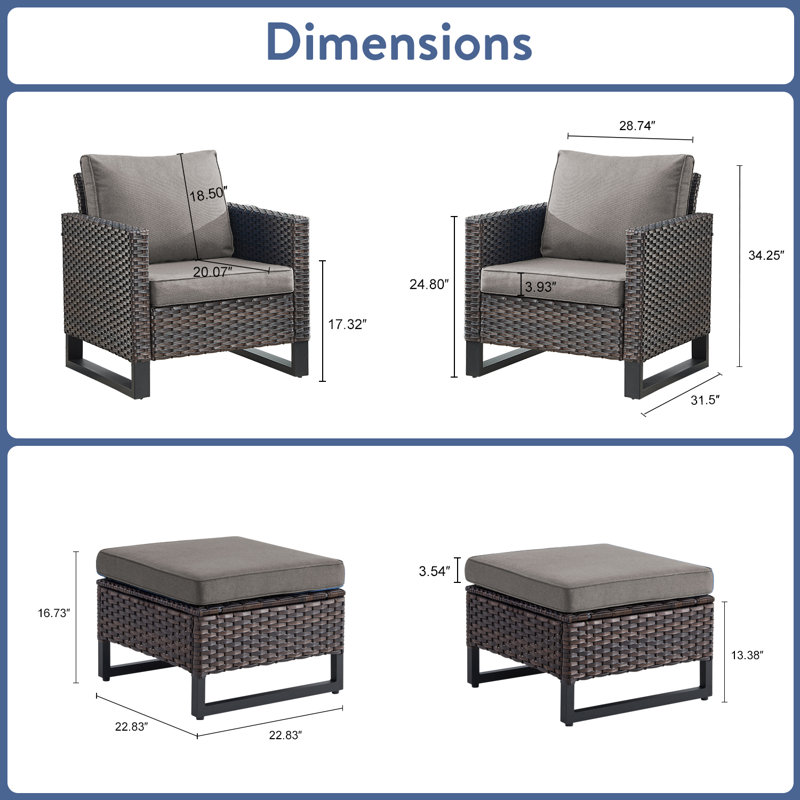 Nazime Outdoor Patio Chairs With Ottomans (Set Of 2), Brown, Gray
