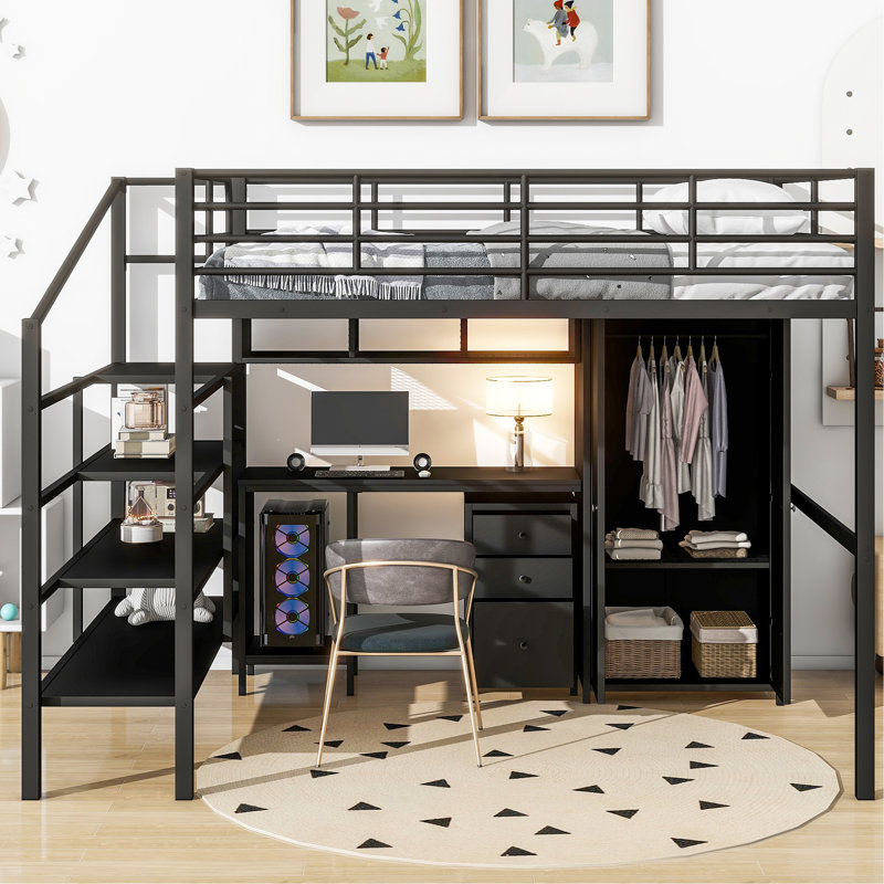 Lit mezzanine en métal avec table et garde-robe, double, noir - look contemporain, solide, beaucoup d'options de rangement, instructions d'assemblage faciles, structure pleine grandeur et structure moderne, zones abondantes, simple