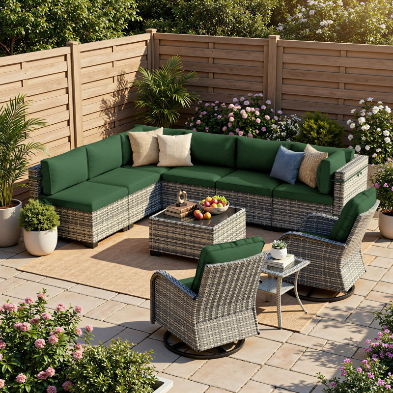 10-Piece Outdoor Wicker Sectional Seating Group With Swivel Rocking Chairs, Coffee Table & Side Table, All-Weather Patio Conversation Set