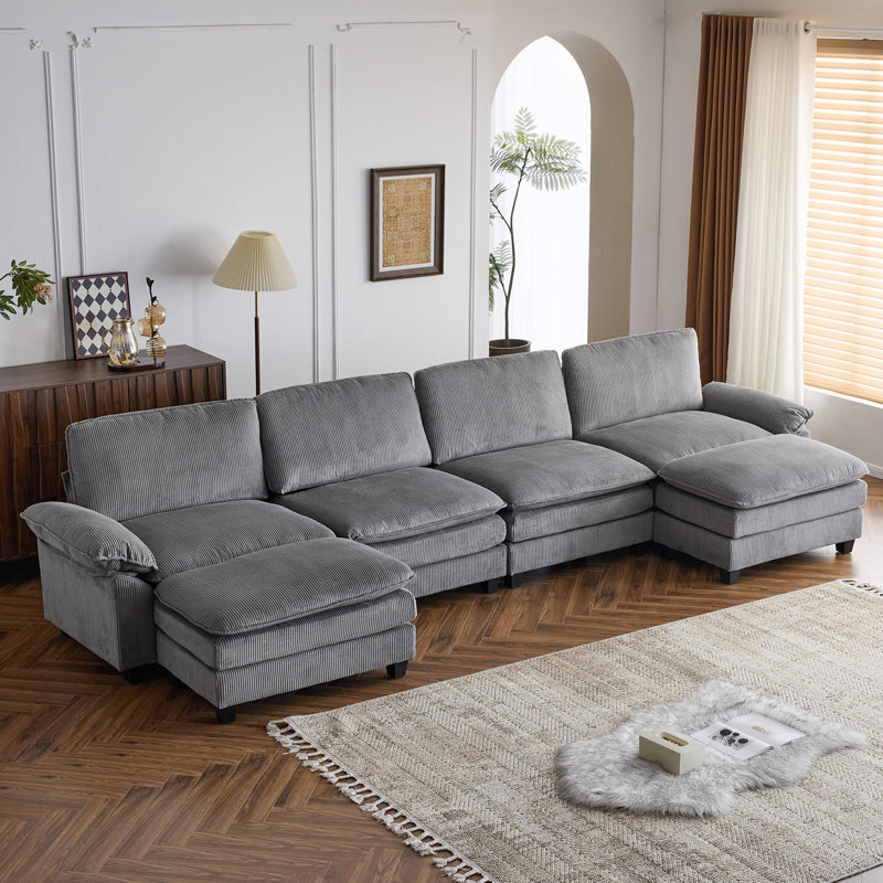 Latitude Run® 4-Seat Sectionals With 2 Ottoman, Gray Corduroy