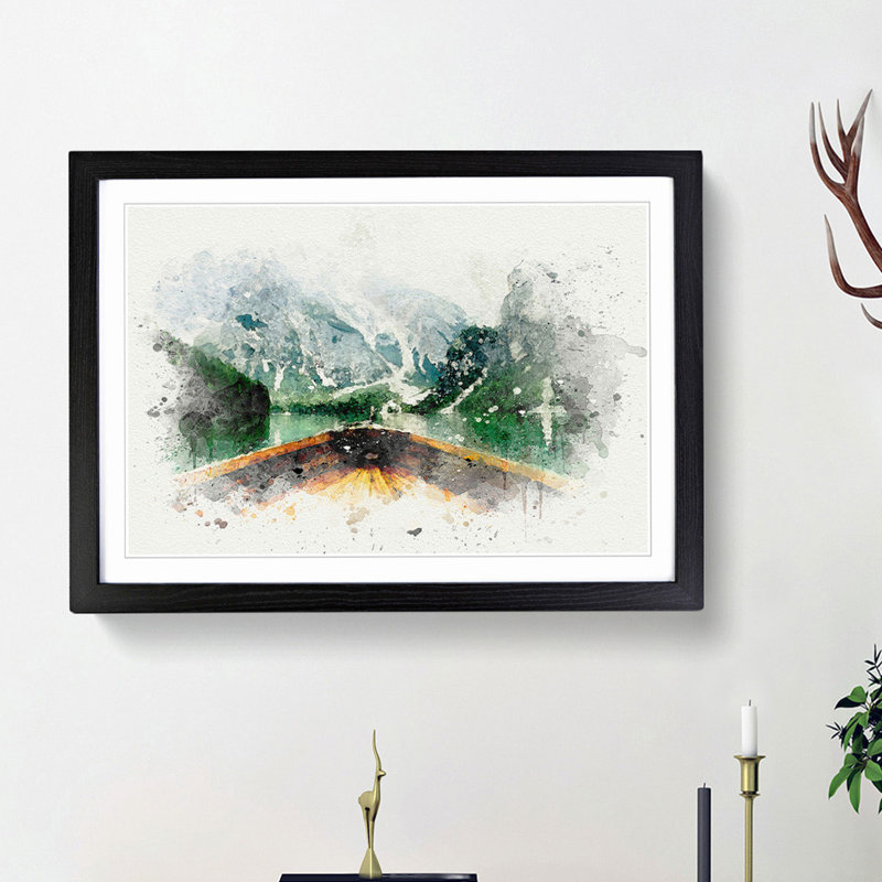 Boat in Lago Di Braies Italy in Abstract - Picture Frame Painting Print, 48cm H x 65cm W x 2cm D, Black Framed