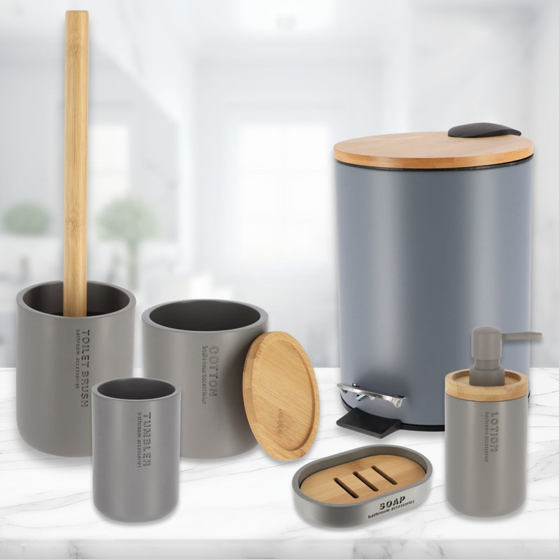 Bathroom Accessories with Natural Accents, Modern 6-piece Set, Gray