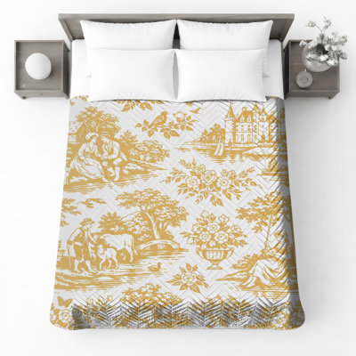 Golden Countryside Toile Quilted Bedspread All Sizes