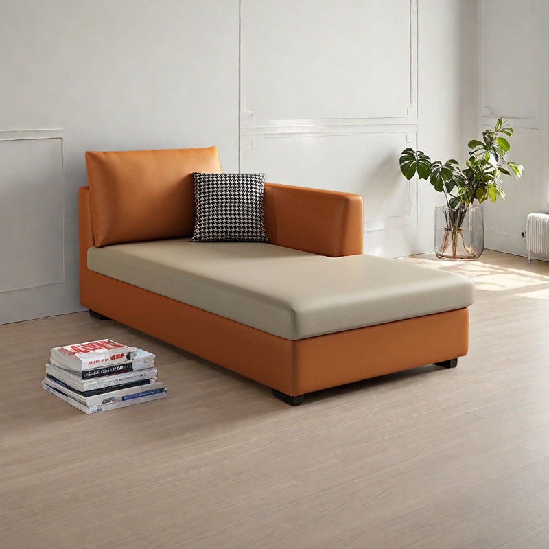 Chaise longue luxueuse en bois massif éponge moelleuse, Orienté à gauche (vu de face), Mélange de polyester orange / beige