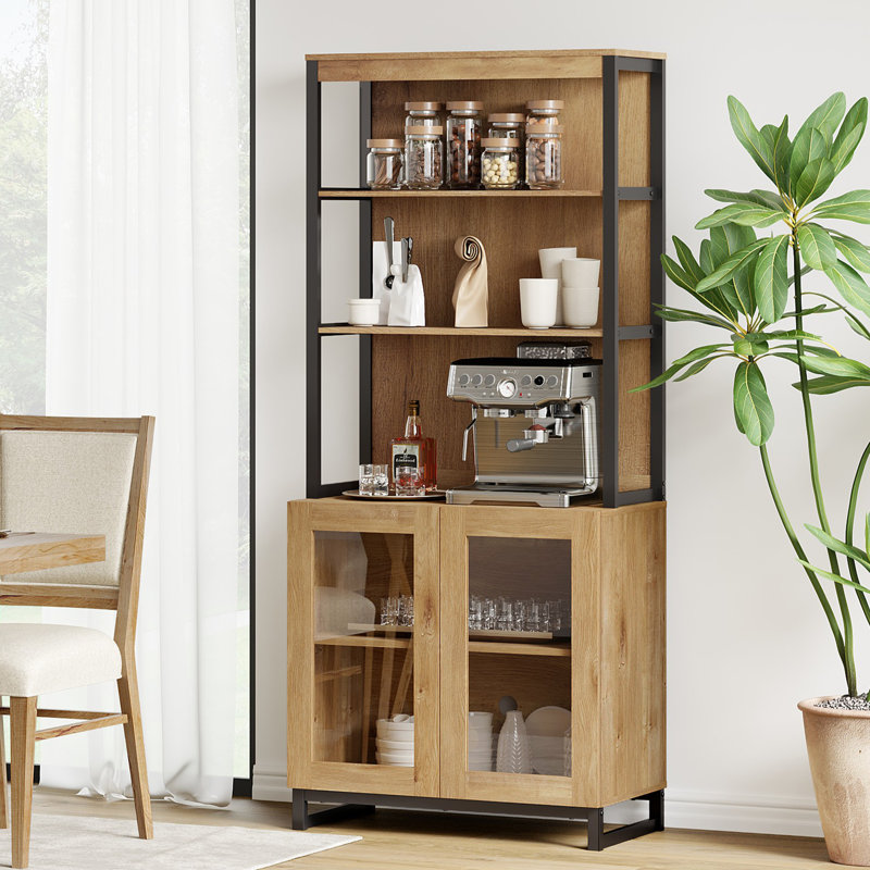 Buffet moderne de 72 po avec portes en verre et tablettes réglables, armoire de rangement multifonctionnelle avec rangement et tablettes ouvertes pour la salle à manger ou la cuisine